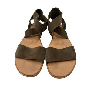 Sorel Women Olive Green Suede Elastic Strap Flat Sandals Size 10